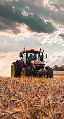 A tractor with large fertilizer tank is spraying crops in golden field.